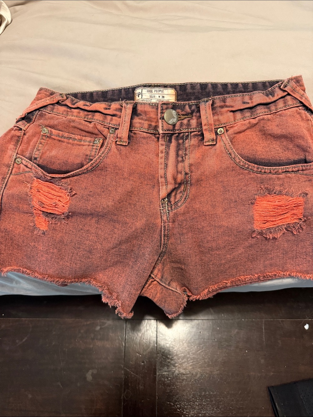 Free People Orange-Red Distressed Denim Cutoff Shorts